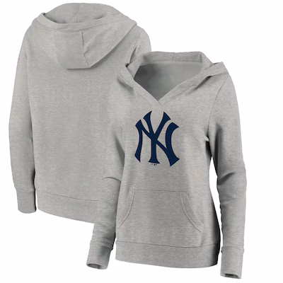 Women's New York Yankees Fanatics Heathered Gray Official Logo Crossover V-Neck Pullover Hoodie